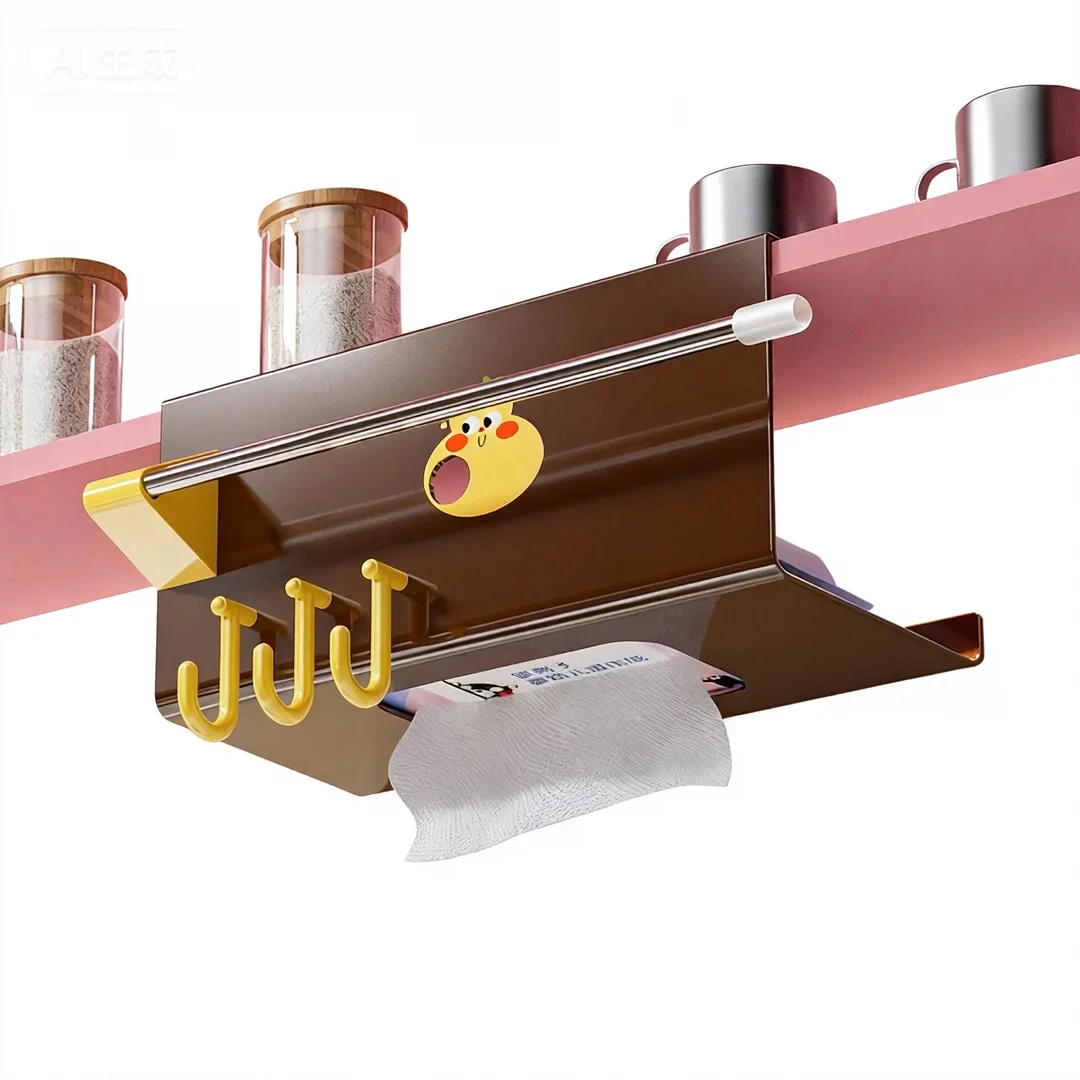 Multipurpose Tissue Holder Hanging Rack No Drill Installation for Kitchen Cabinet Paper Towels Storage Solution