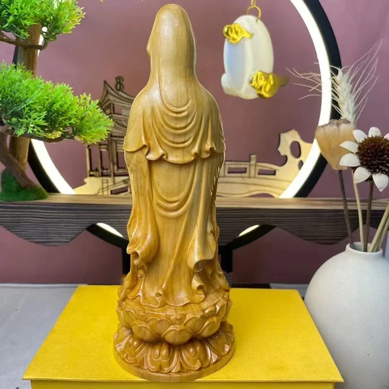 Wood Carving Nanhai Guanyin Sculptures and Figurines Chinese Buddha Statues Home Room Office Wealth Luck Feng Shui Decor 7.86 in