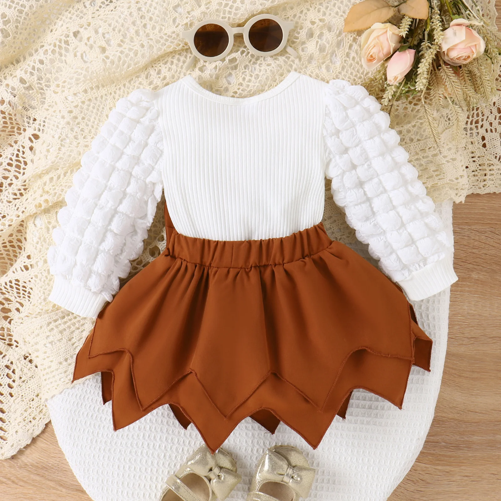 Childrens Sets Europe Beautiful Autumn New Puff Sleeve Stripe Tops Solid Color Bow Knot Round Collar Simple Active