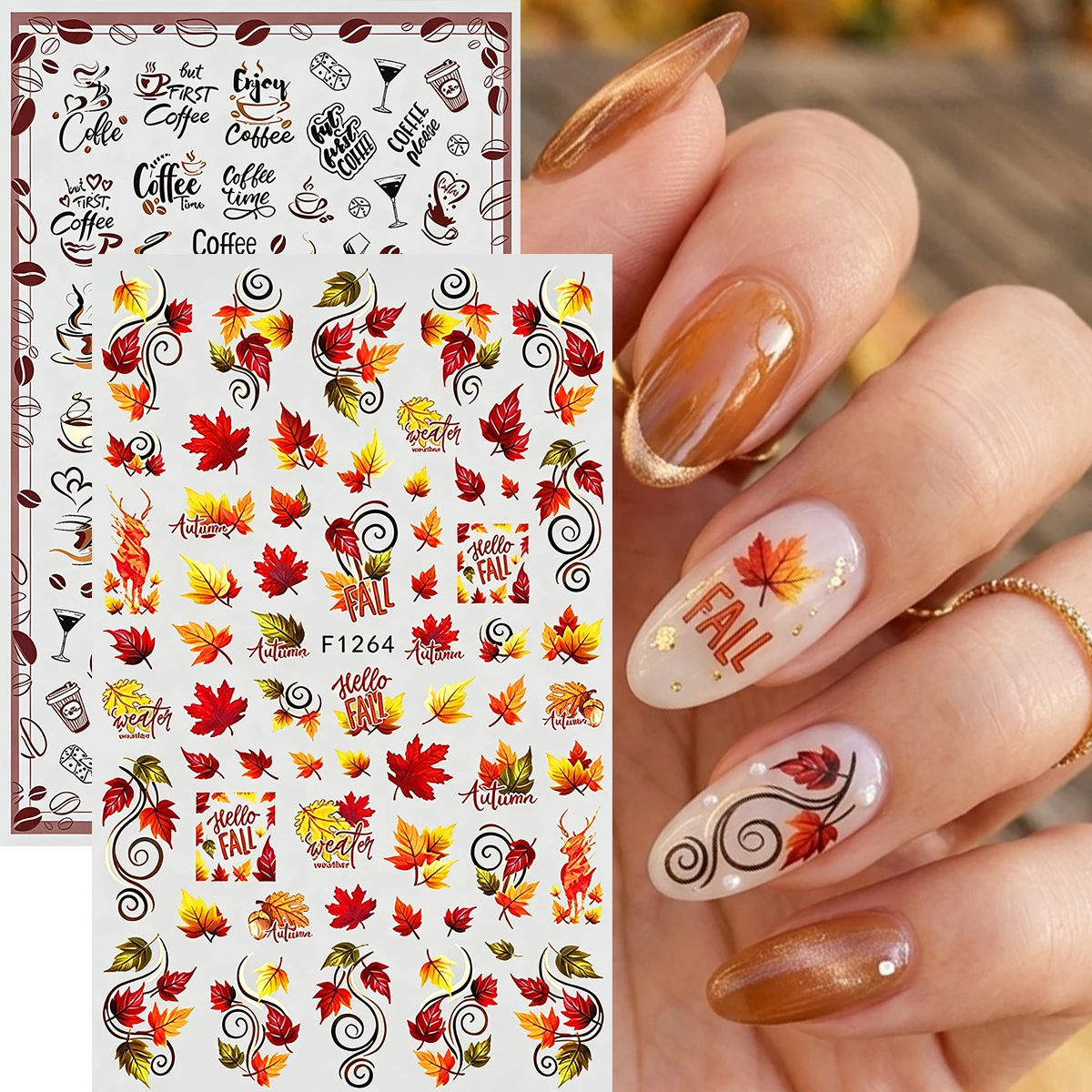 2 Sheets Autumn Maple Leaf Nail Stickers Rustic Fallen Leaves Design Nail Decals Sliders DIY Fall Winter Nail Art Decorations