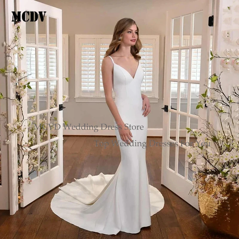 

MCDV Customized Simple Satin Mermaid Wedding Dress 2026 V Neck Spaghetti Strap Garden Bridal Gown Long Train Bridal Dresses