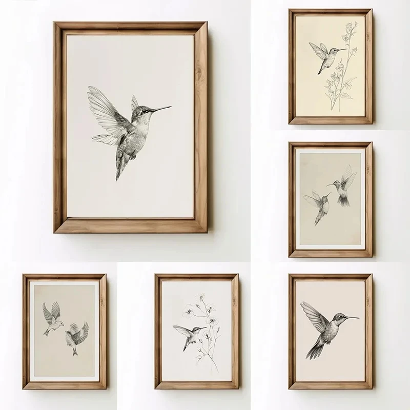Retro Minimalist Hummingbird Sketch Bird Animal Drawing Illustration Poster Canvas Painting Wall Art Pictures Home Decor