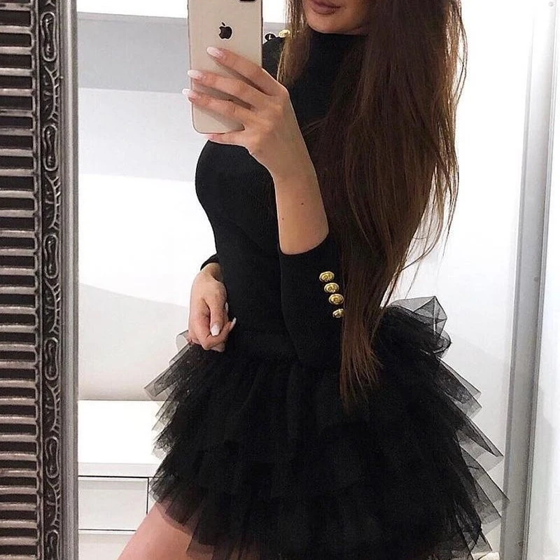 Elegante vestido superior de manga comprida para mulheres novo em camadas plissado borda vestido fofo malha manga comprida festa mini vestido