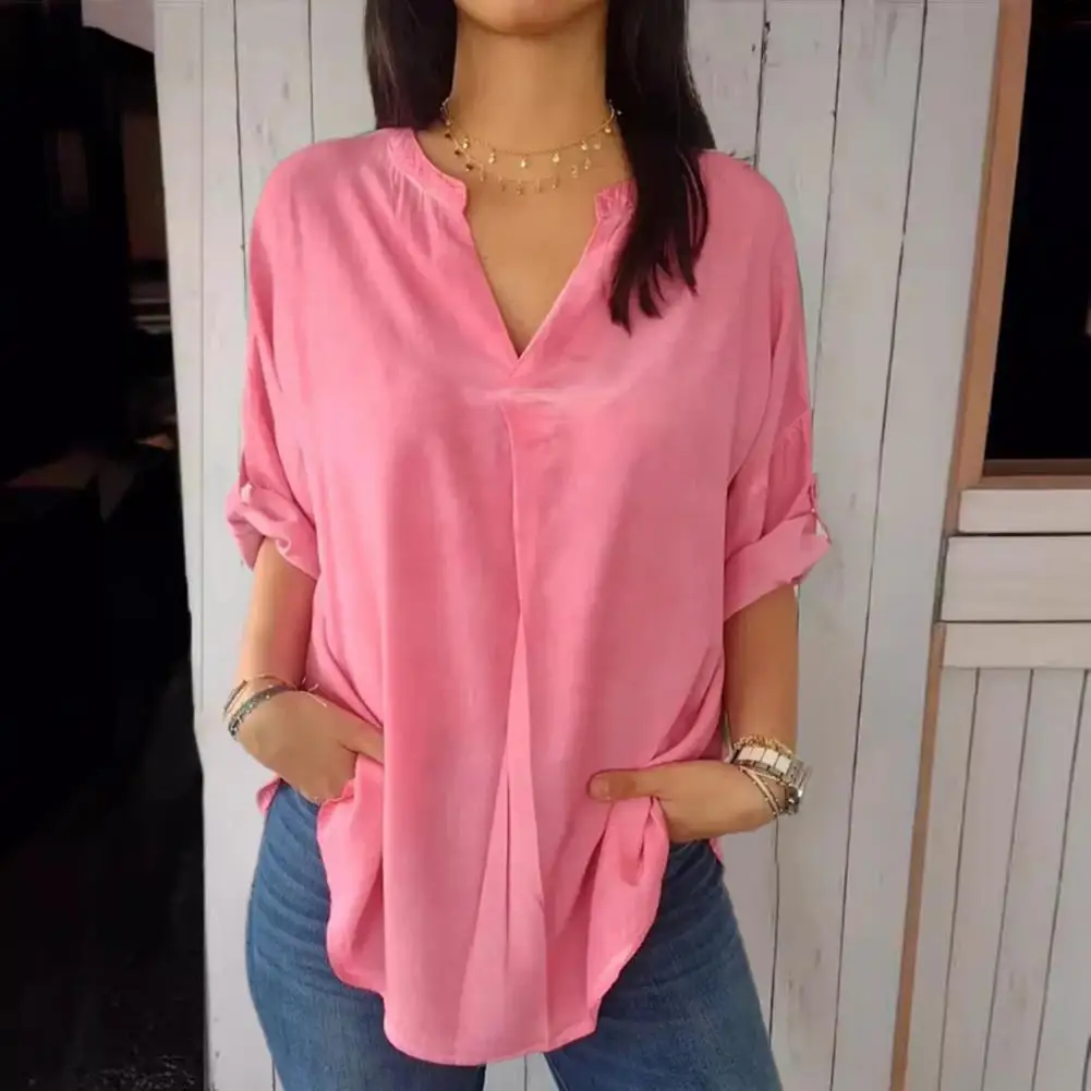 Lightweight Women Top Women V-neck Top Stylish V-neck Women's Tops with Half Sleeve Back Slit Design Loose for Daily for Women