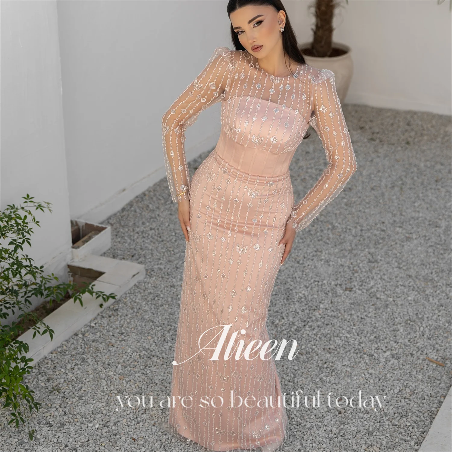 

Aileen Beads Prom Dresses 2025 Vestidos De Festa Long Sleeves Women Evening Dress Round Collar Mermaid Pink فساتين سهرة Women's
