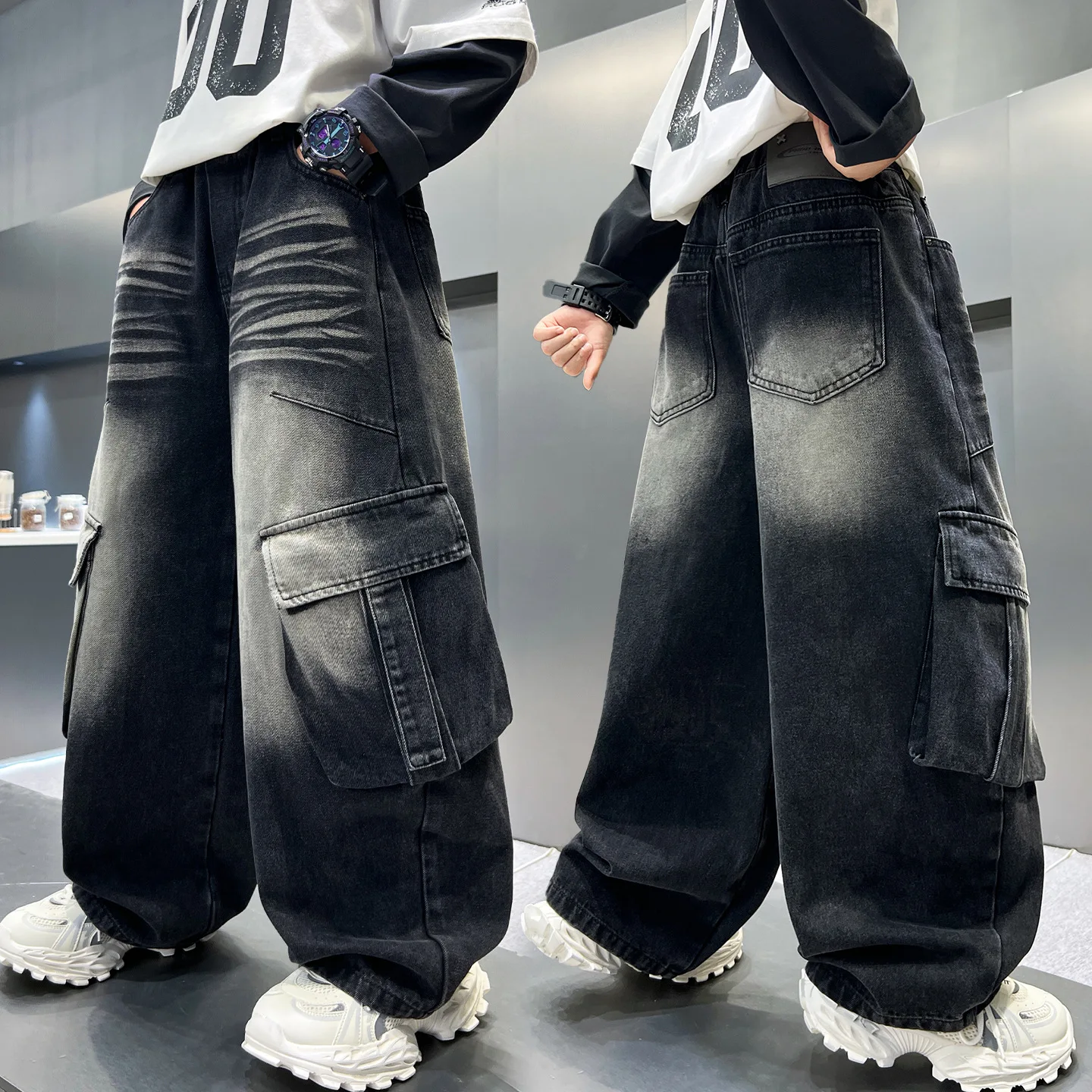2026 Autumn New Boys Cargo Jeans Vintage Streetwear Loose Wide Leg Denim Pants Multi Pockets Casual Trousers For Teens Kids