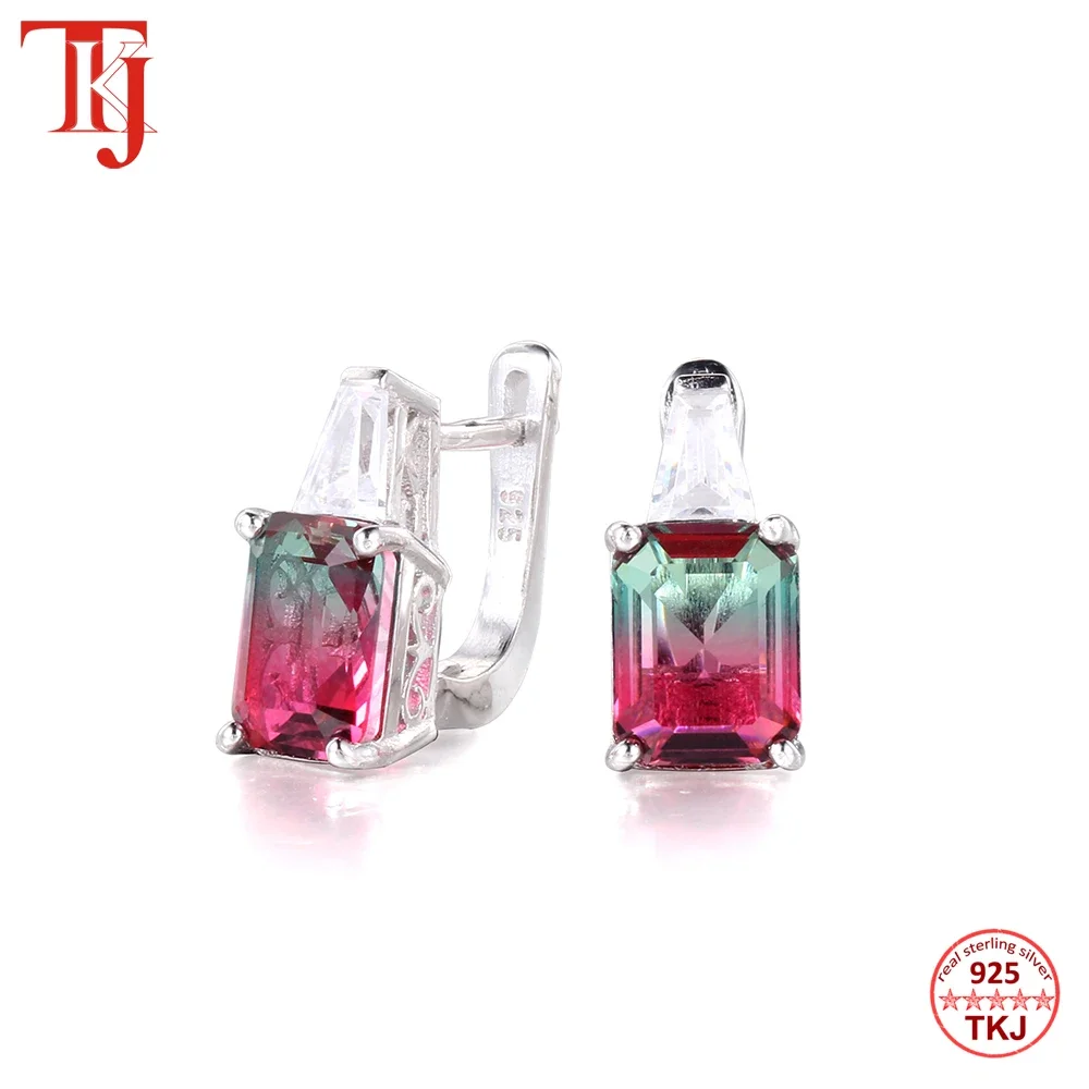 TKJ Bohemian Style Luxury Natural Tourmaline Earrings Square Real 925 Sterling Silver Stud Earrings For Women Beach Travel