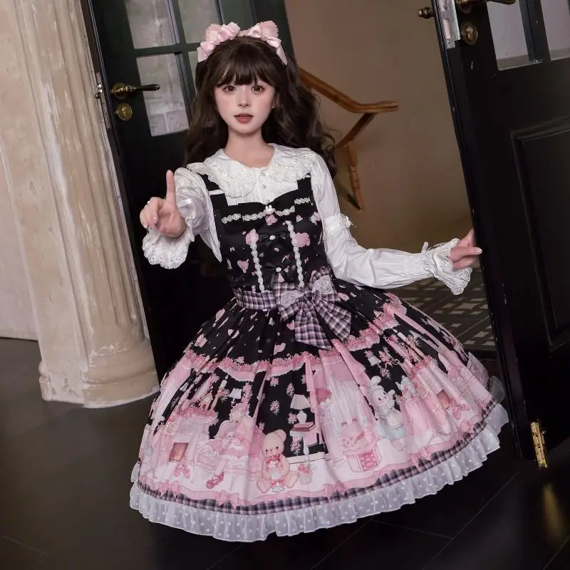 

Kawaii Lolita Cartoon Print Dress Black White Japanese Style Lolita Jsk Victorian Suspender Dress Loli Sweet Ruffles Dress