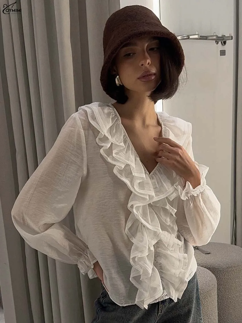 Oymimi Fashion White V-Neck Womens Blouses Elegant Ruffled Long Sleeve Translucent Blouses Autumn New Loose Solid Blouse Female