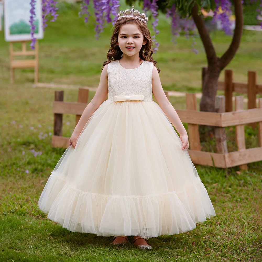 

Pageant Long Champagne Bridesmaid Dress For Girls Children Costume Lace Party Princess Dresses Girl Dress Wedding Gown 5-12Y