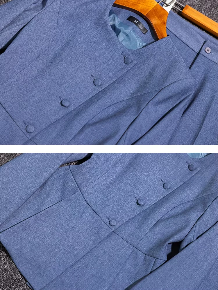 رمادي كحلي أسود السيدات بدل رجالي رسمي المرأة الأعمال ملابس العمل الصلبة س الرقبة السترة وبنطلون 2 قطعة مجموعة لخريف شتاء #5