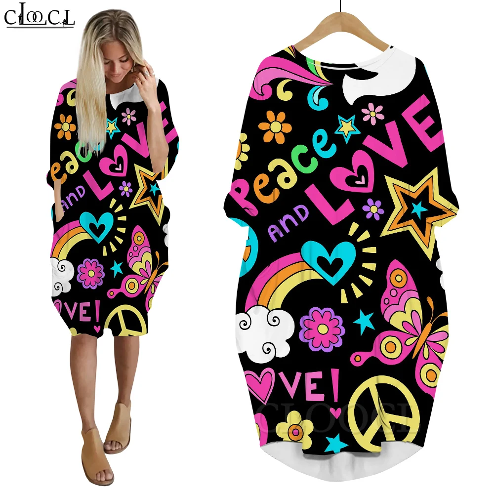 

CLOOCL Long Sleeve Dresses for Women Rainbow Flowers Butterfly Print Harajuku Fashion Love and Peace Dresses Streetwear