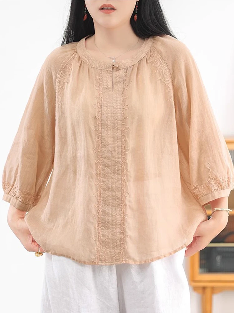 100% 린넨 여성 캐주얼 블라우스 셔츠 신상 2025 여름 빈티지 스타일 플로럴 자수 루즈핏 여성 탑 셔츠 T700