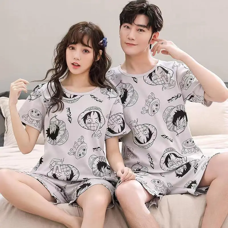 Summer Hot Couple Lovers Pijamas Set Japanese Anime Cartoon Print Homewear Men\'s Pajama Cartoon Tops with Shorts Casual Pyjama