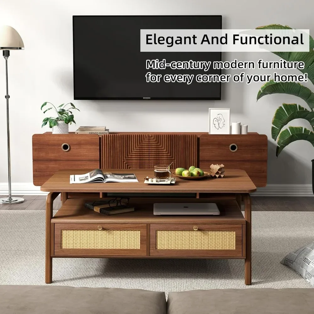 Meja Kopi Modern Abad Pertengahan dengan 4 Laci Rotan, Meja Kopi untuk Ruang Tamu, Nyaman untuk Makan, Bermain Game, atau Bekerja