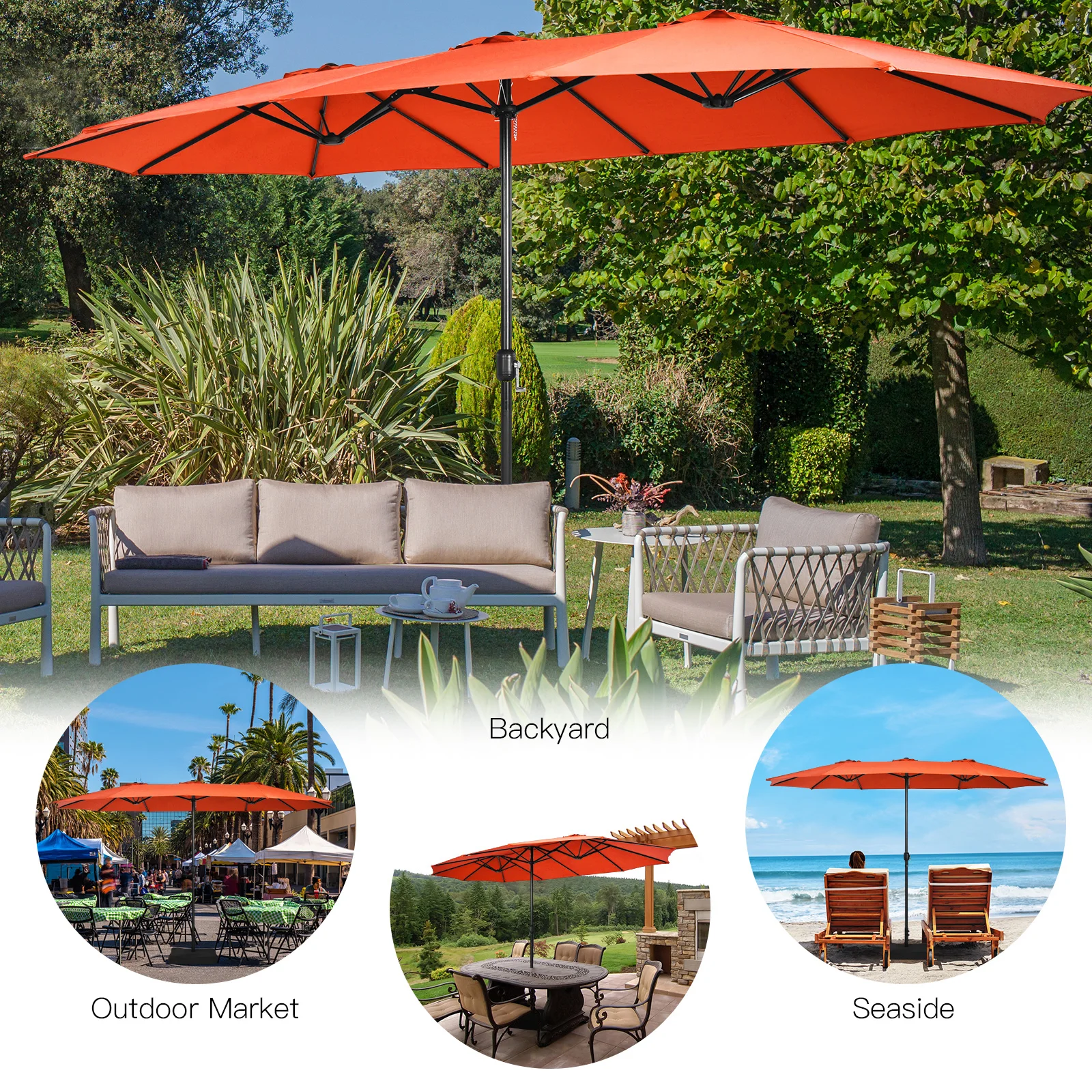 15FT Double-Sided Twin Patio Umbrella Sun Shade Outdoor Crank Market Base Orange