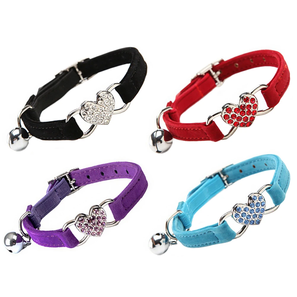 

4pcs Heart Shaped Cat Collars Cute Pink Adjustable Rhinestones Bell Collar for Cats Small Dogs Pet Supplies Soft Comfortable
