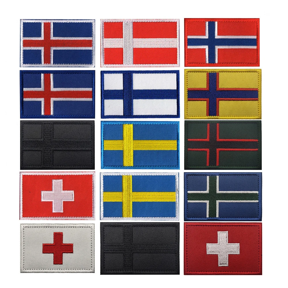 National Flag Embroidery Patches Badges Emblem Military Army  Hook and Loop Tactical Iceland  Finland  Sweden  Danmark Country