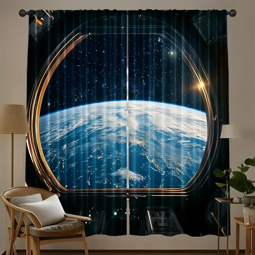 2pcs Space-Themed Curtains - Blackout Light Filtering Window Drapes with Earth View, Stars & Planets, Machine Washable Rod Pocke