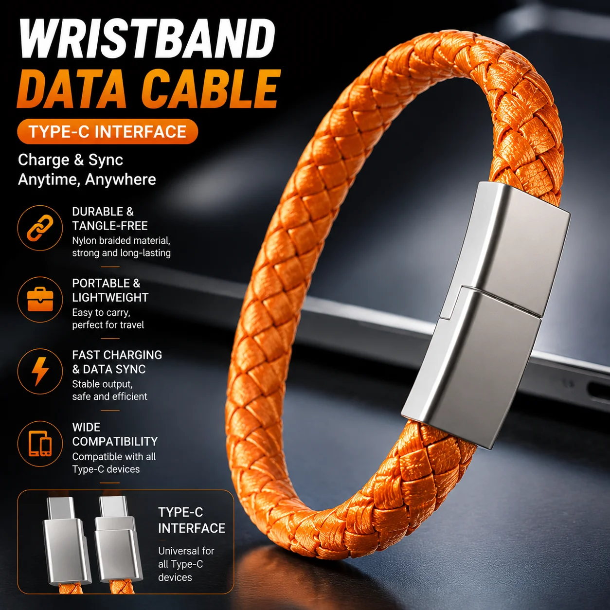 USB C to USB C Bracelet Cable Fast Charging Portable Type C Charging Cord Bracelet for iPhone 15 16 Samsung Xiaomi Huawei