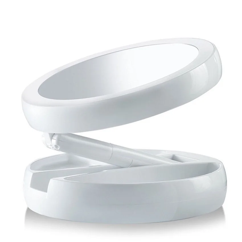 Portable Foldable Makeup Mirror with LED Lights, Double-Sided Magnifying and Dimmable Ring Light, Tabletop Vanity Mirror, Home