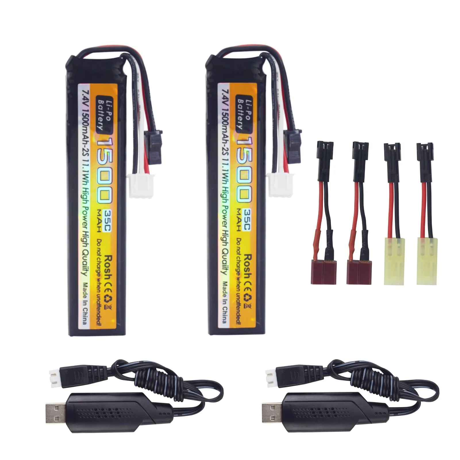 2PCS 7.4V 35C 1500mAh With SM-2P Plug T Plug Odamiya Plug LiPo Battery+2PCS USB For Air Guns,Model Guns,Rifles,RC Cars,Drones