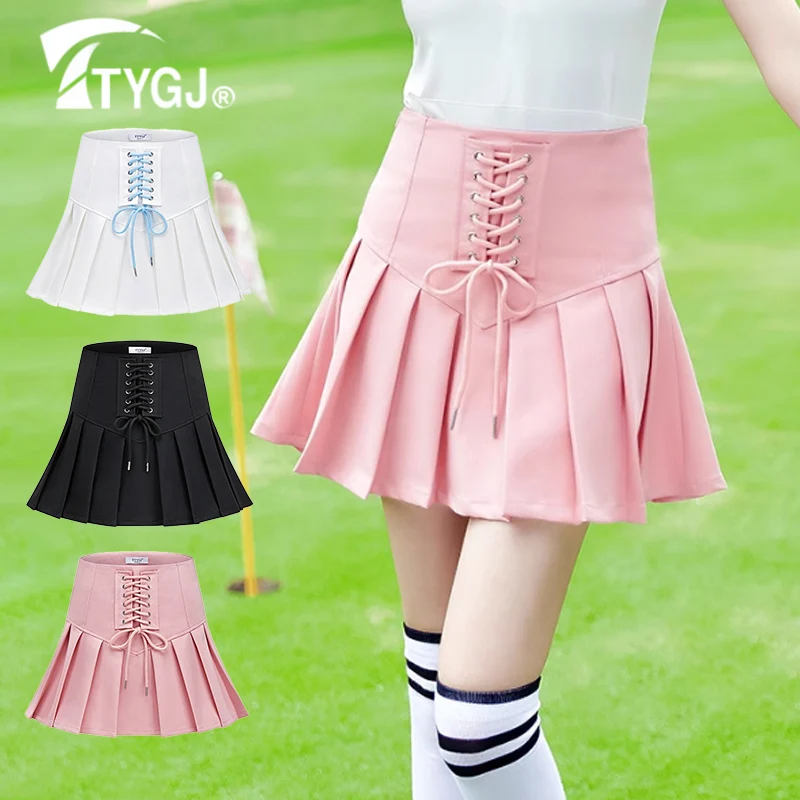 TTYGJ Women Golf Short Skirt Retro Slim High-waist A-line Skort Ladies Lace-up Pleated Culottes Soft Anti-light Mini Pantskirts