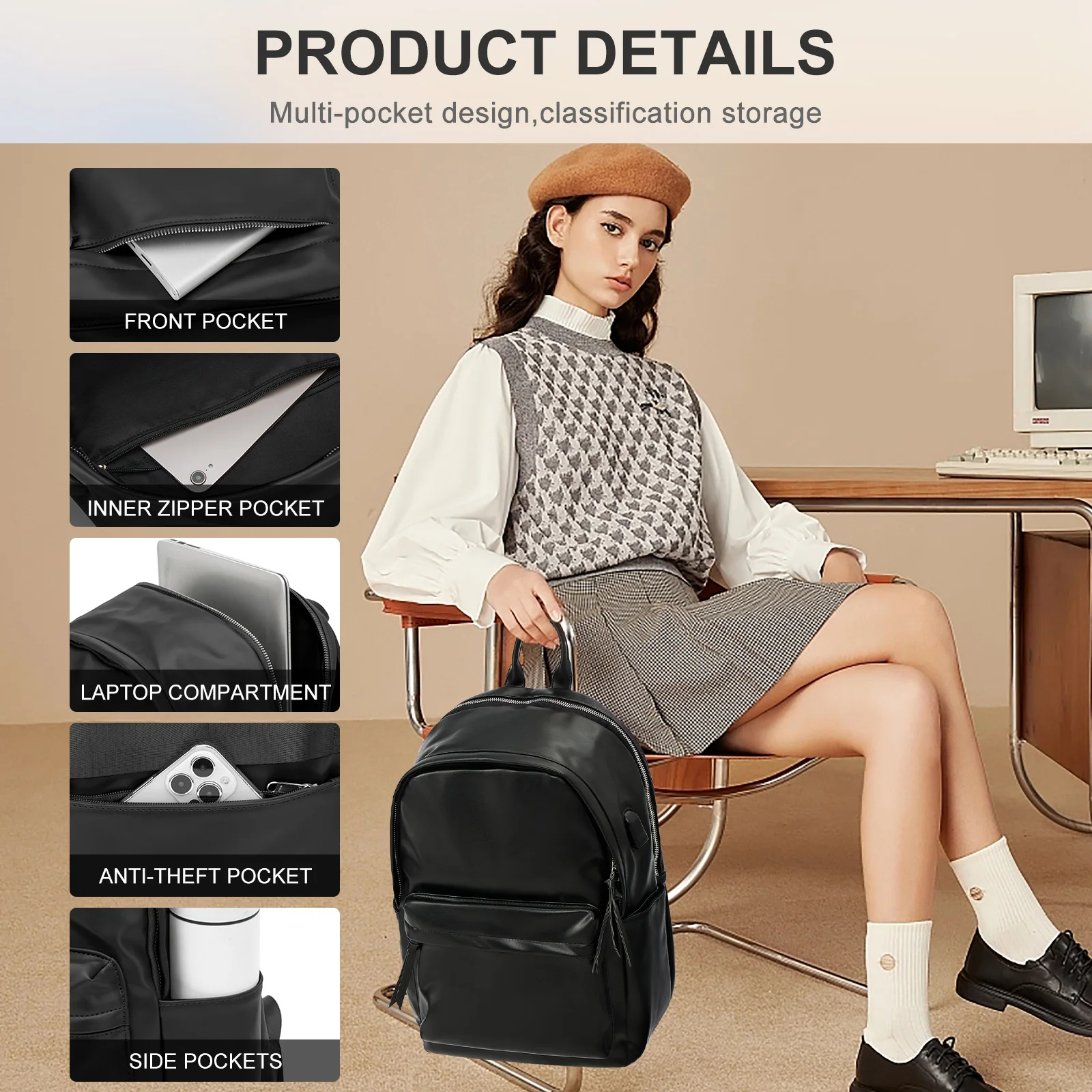 حقيبة ظهر نسائية جلدية، حقيبة كمبيوتر محمول للأعمال، حقيبة ظهر متينة وبسيطة وخفيفة الوزن للتنقل للنساء، حقيبة ظهر للفتيات الجامعيات