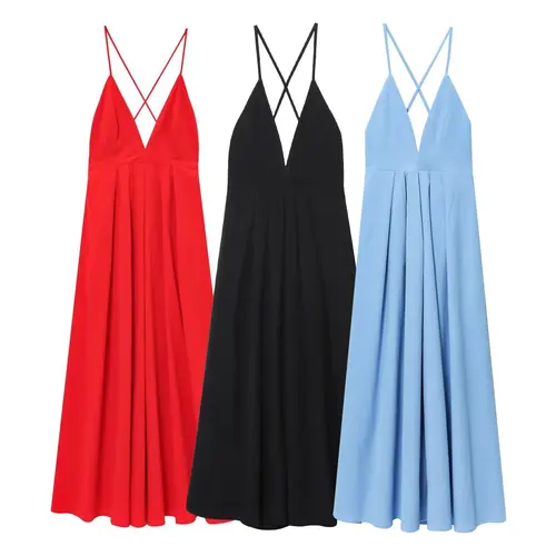 Imagen 1 del producto NOVEDAD DE VERANO 20225, productos, ropa de mujer, vestido plisado con espalda descubierta y cuello en V, vestido Midi con tirantes