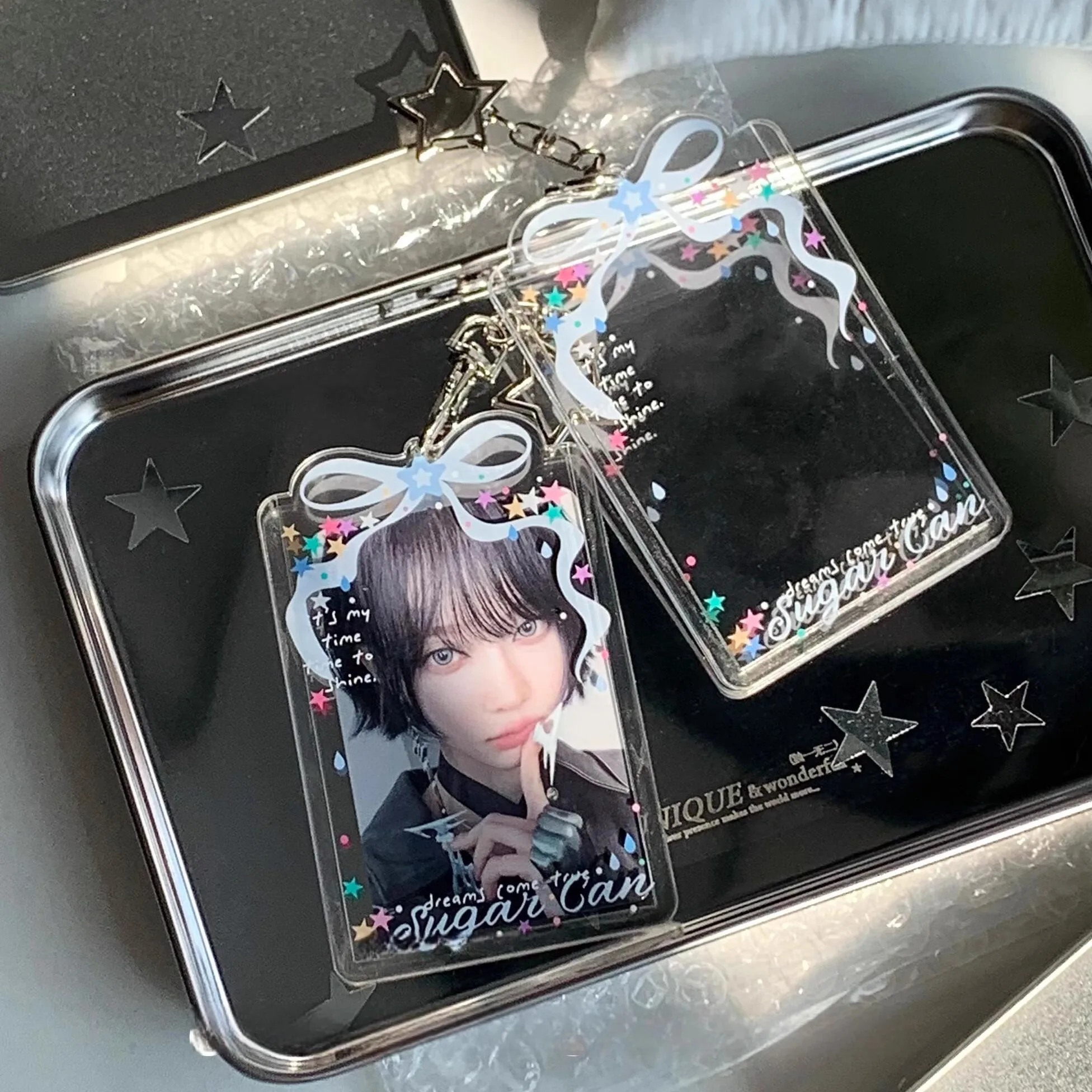 Star Bow Acrylic Card Holder Aesthetic 3" Photo Sleeve Protective Cover with Chain for IDOL Kpop Mini Card Bag Charm Pendant