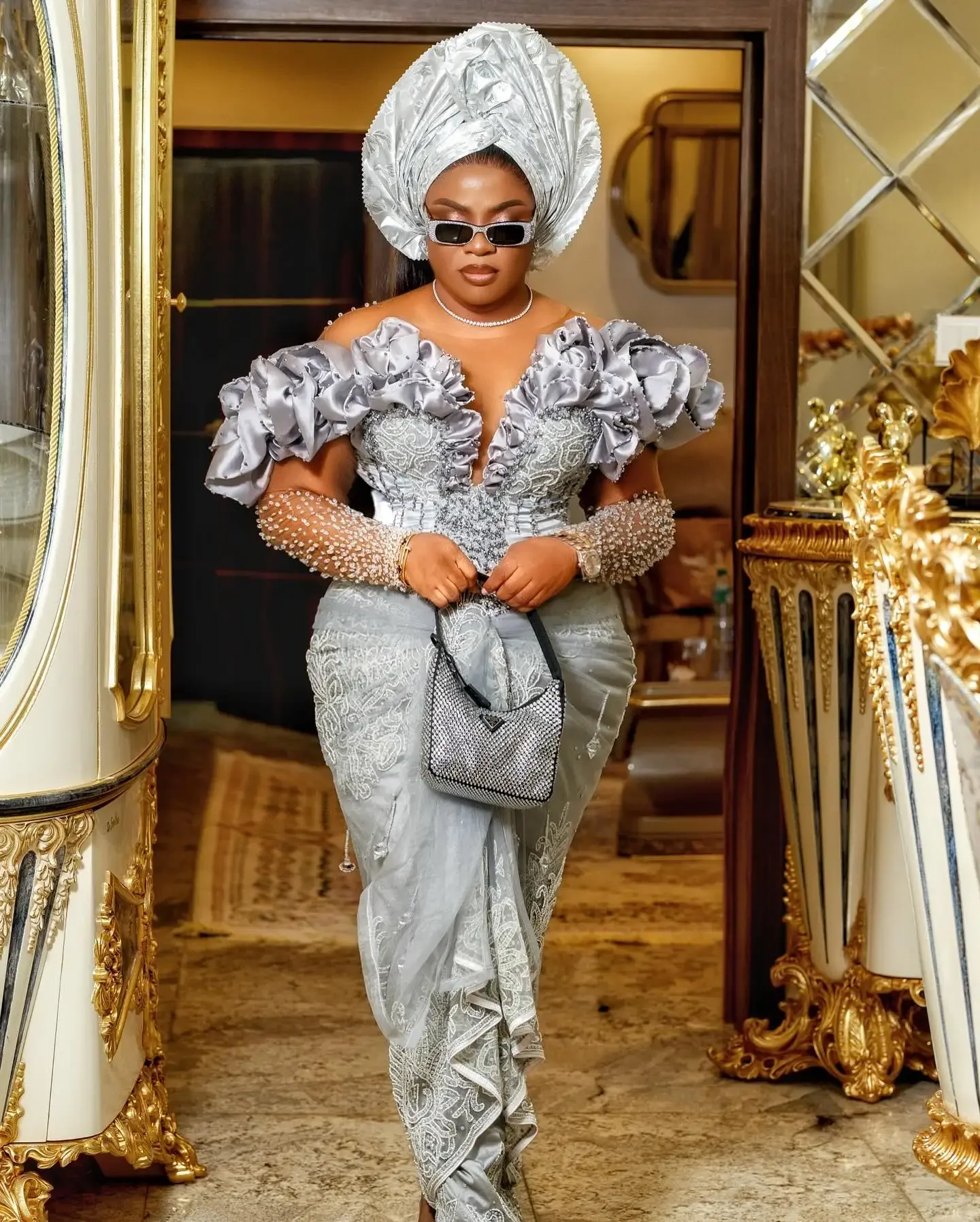 Plus Size African Grey Ruffled Lace Prom Dress Aso Ebi Formal Occasion Gowns Modest Nigerian Traditional Wedding Party Dresses