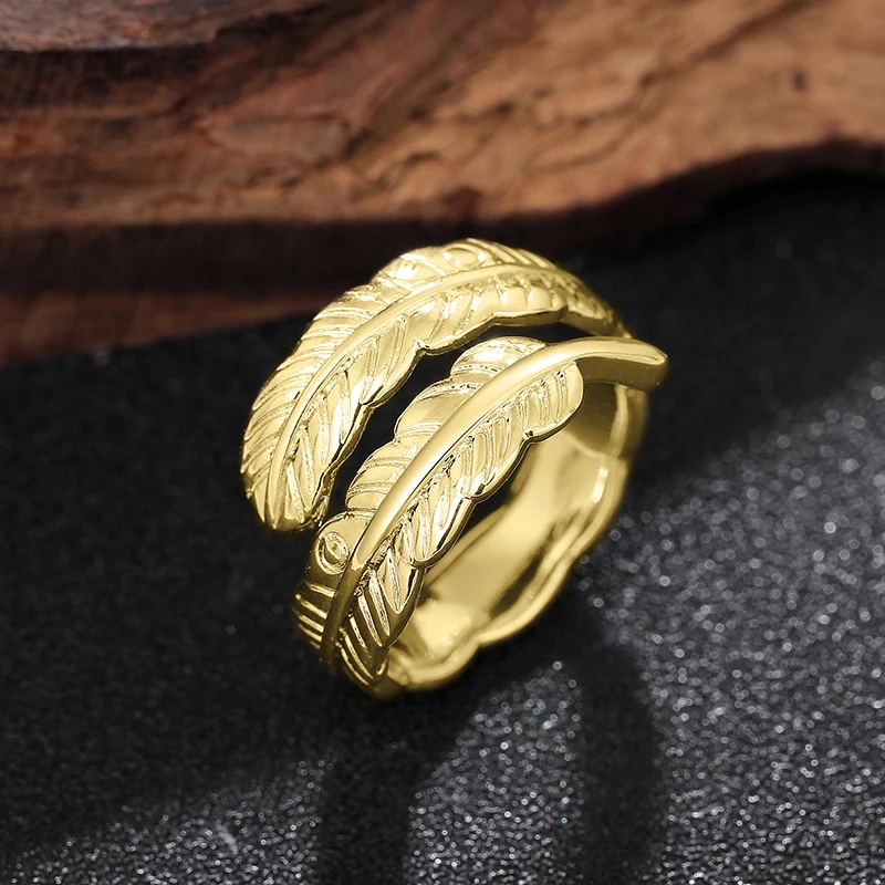 Huitan Metallic Style Feather Shaped Open Ring Women Vintage Party Adjustable Finger Jewelry Retro 3colors Available Accessories