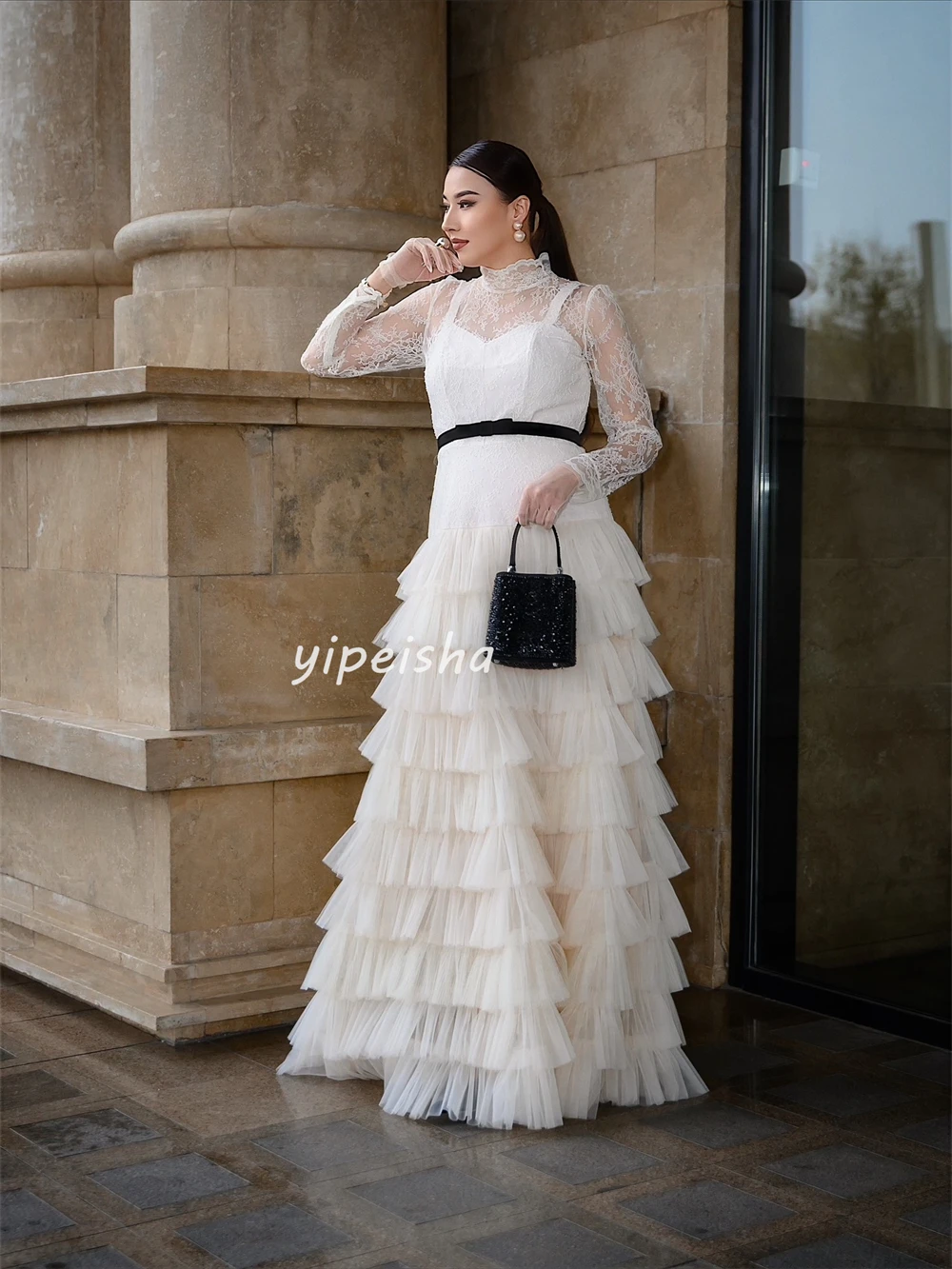 Personalizado de alta qualidade formal tule renda em camadas faixa a linha gola alta vestidos longos sob medida vestidos ocasião estilo moderno sexy