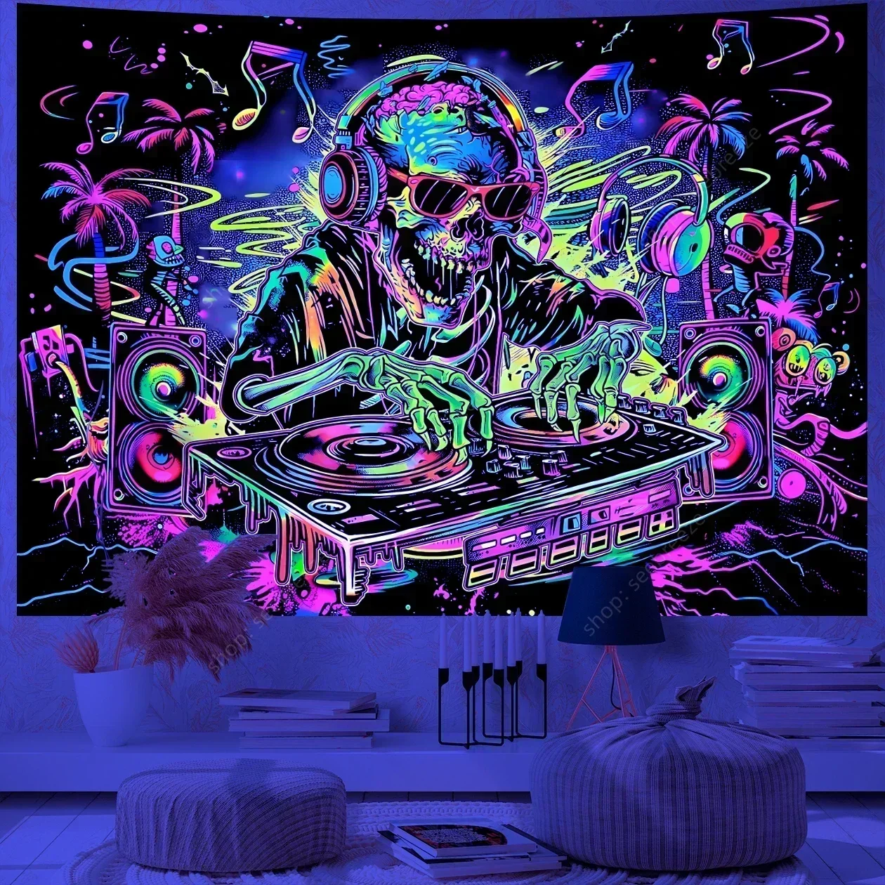 Psychedelic Skull UV Reactive Tapestry Hippie Skeleton Tapestry Wall Hanging Gothic Home Decor Room Decor Witchcraft Supplies