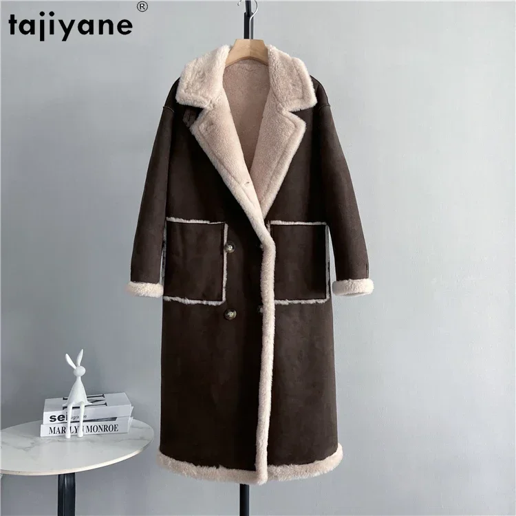 Tajiyane New Sheep Shearing Jacket for Women 2023 Elegant Standing Collar 100% Wool Coat Double Breasted Chaquetas Para Mujer