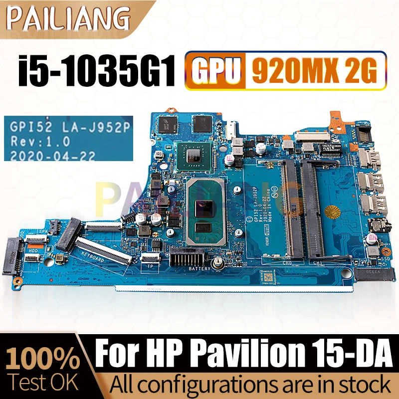 

GPI52 LA-J952P For HP Pavilion 15-DA Laptop Motherboard SRGKG i5-1035G1 N16V-GMR1-S-A2 940MX 2G Notebook Mainboard Full test