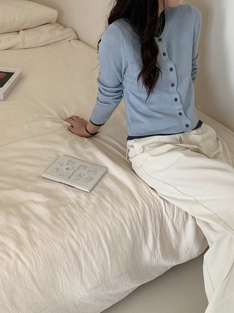 

Вязаный топ Uniko Design Color Blo для женщин, облегающий, с круглым вырезом, в корейском стиле, модный, укороченный пуловер