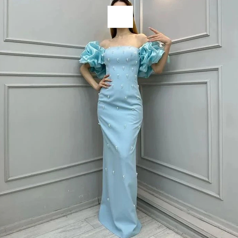 Blue Off the Shoulder Short Sleeves Floor Length Jersey Straight Evening Dress Exquisite Pleats Pearls Saudi Arabia Women