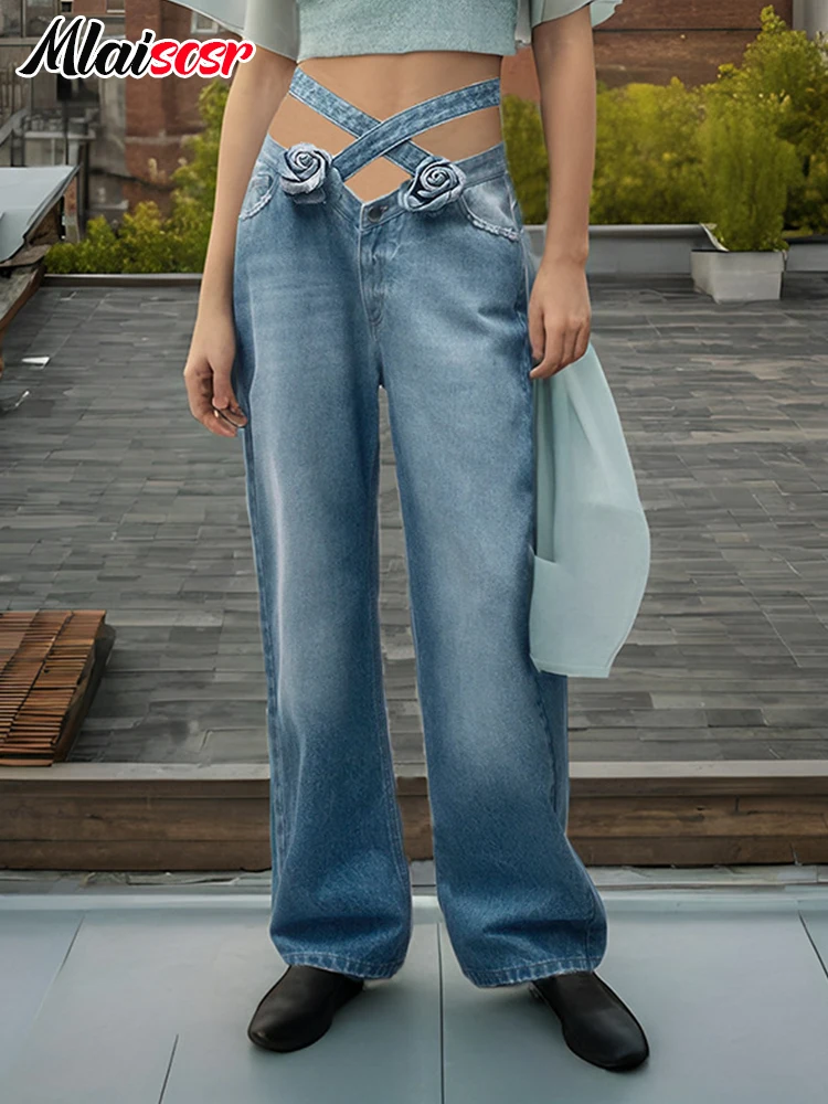 Mlaiscsr High-quality 3D Flower Crisscross Folds Denim Straight Pants Women Wide Leg Blue Baggy Jeans Birthday Party Streetwear