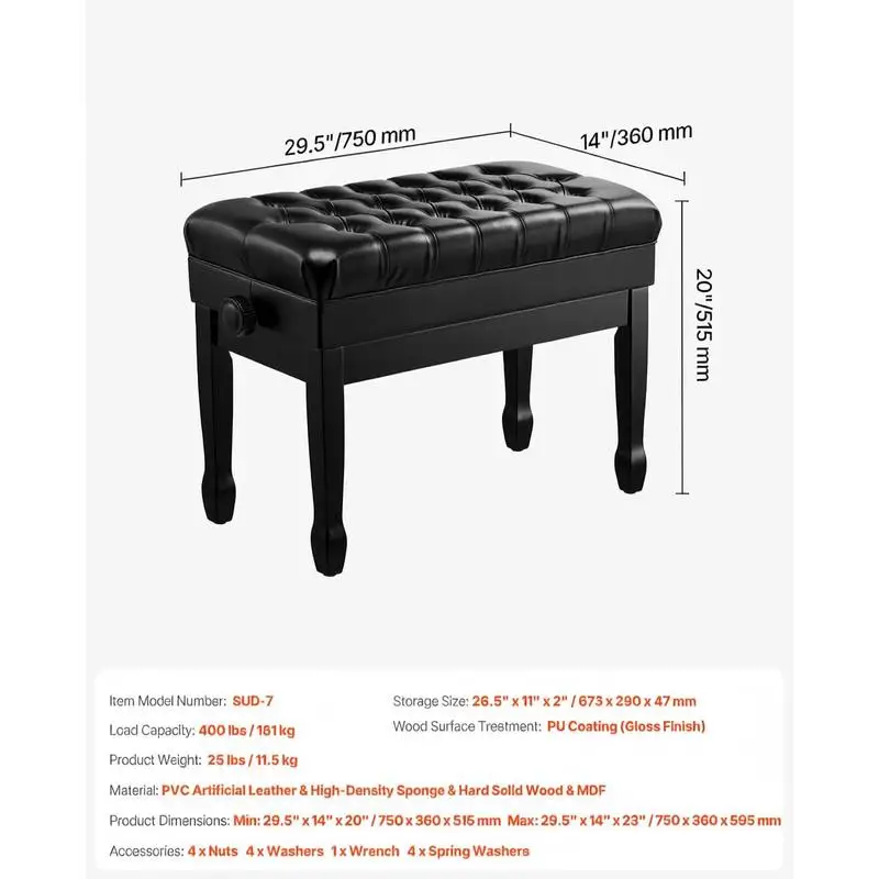 Duet Keyboard Bench 29.5" x 14" x 20.3" For Music Studio Home Practice Performance Room, Adjustable Height Padded Cushion Music Book Storage Compartment Wooden Furniture Seat Bedroom Vanity Use view 8