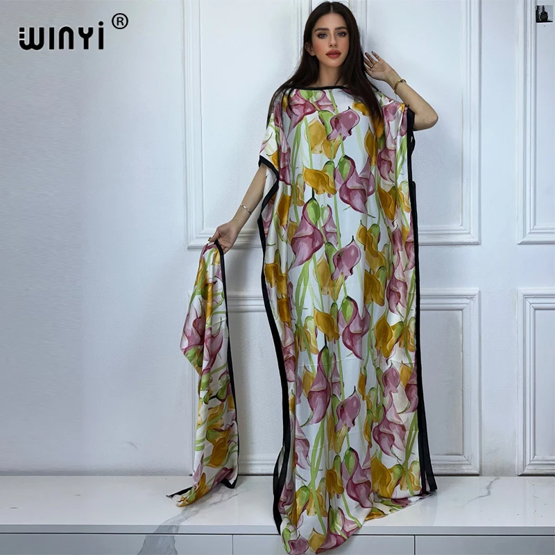 WINYI Catwalk model abaya women muslim sets dress african dubai abaya Crew Neck print Kaftan Elegant Maxi Length Dress