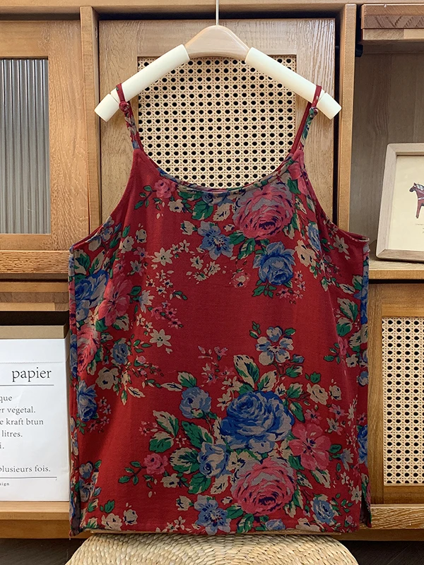 Gilet estivo da donna ampio Svel Retro etnico Sle Stampa floreale Cotone rotondo Ne Top di media lunghezza giapponese di fascia alta plus...