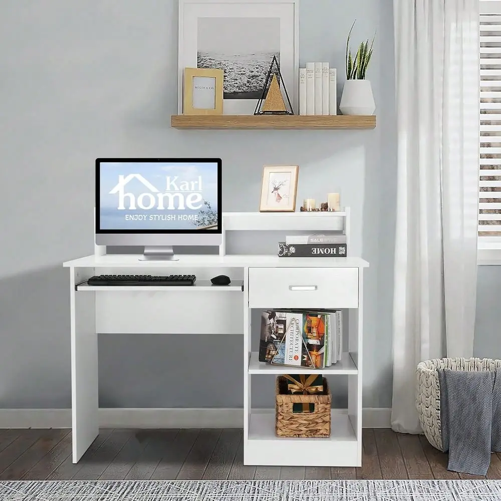 Desk Study Writing Desk, PC Laptop Table Wooden Home Office Workstation With Drawer Shelf Keyboard Tray, White