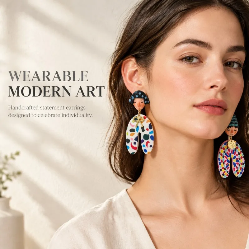 Handmade Abstract Figure Statement Earrings Colorful Art Print Dangle Earrings Bohemian Daily Party Jewelry for Women Girls