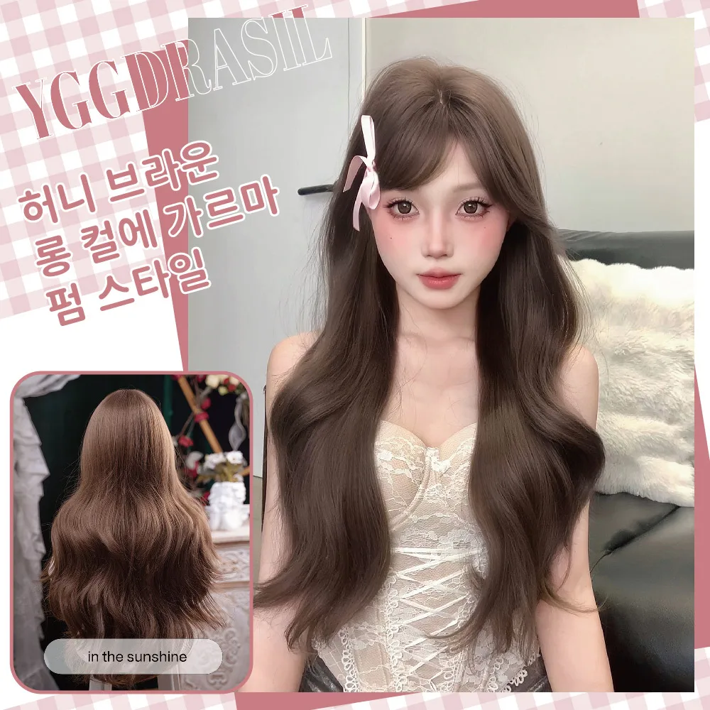 

28-дюймовые теплые медово-коричневые милые стильные синтетические парики с челкой, длинные натуральные волнистые волосы, парик для женщин, термостойкий для ежедневного использования