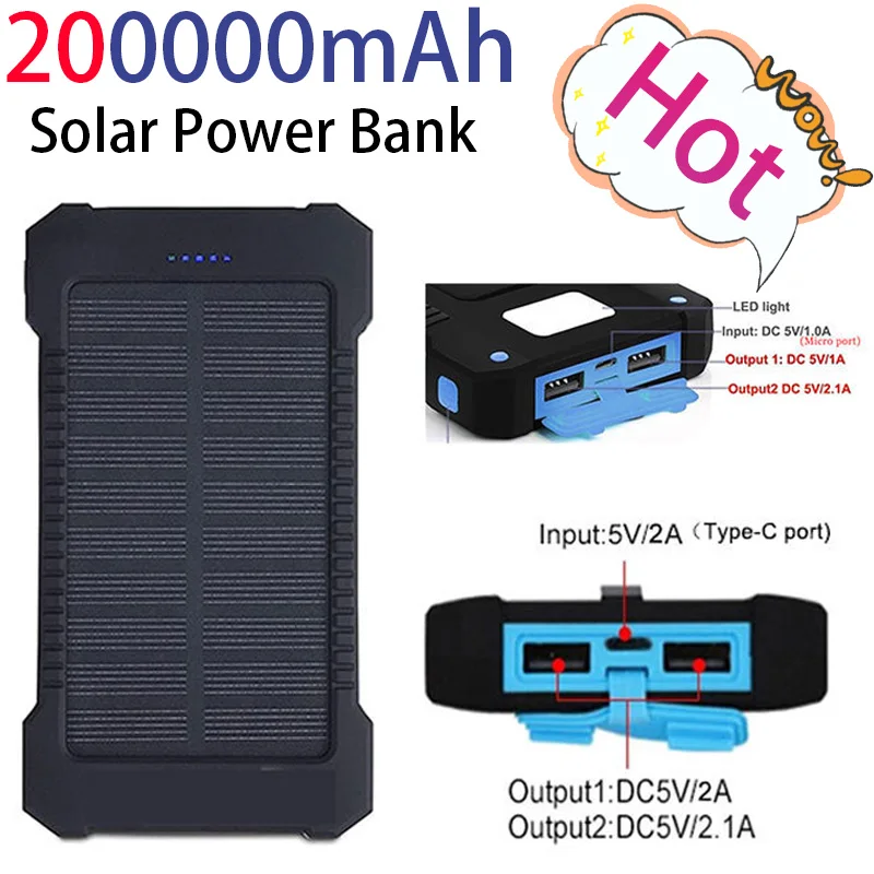 200000mAh Portable Solar Power Bank External Battery Fast Charging Waterproof Powerbank with SOS Flashlight Poverbank for Xiaomi