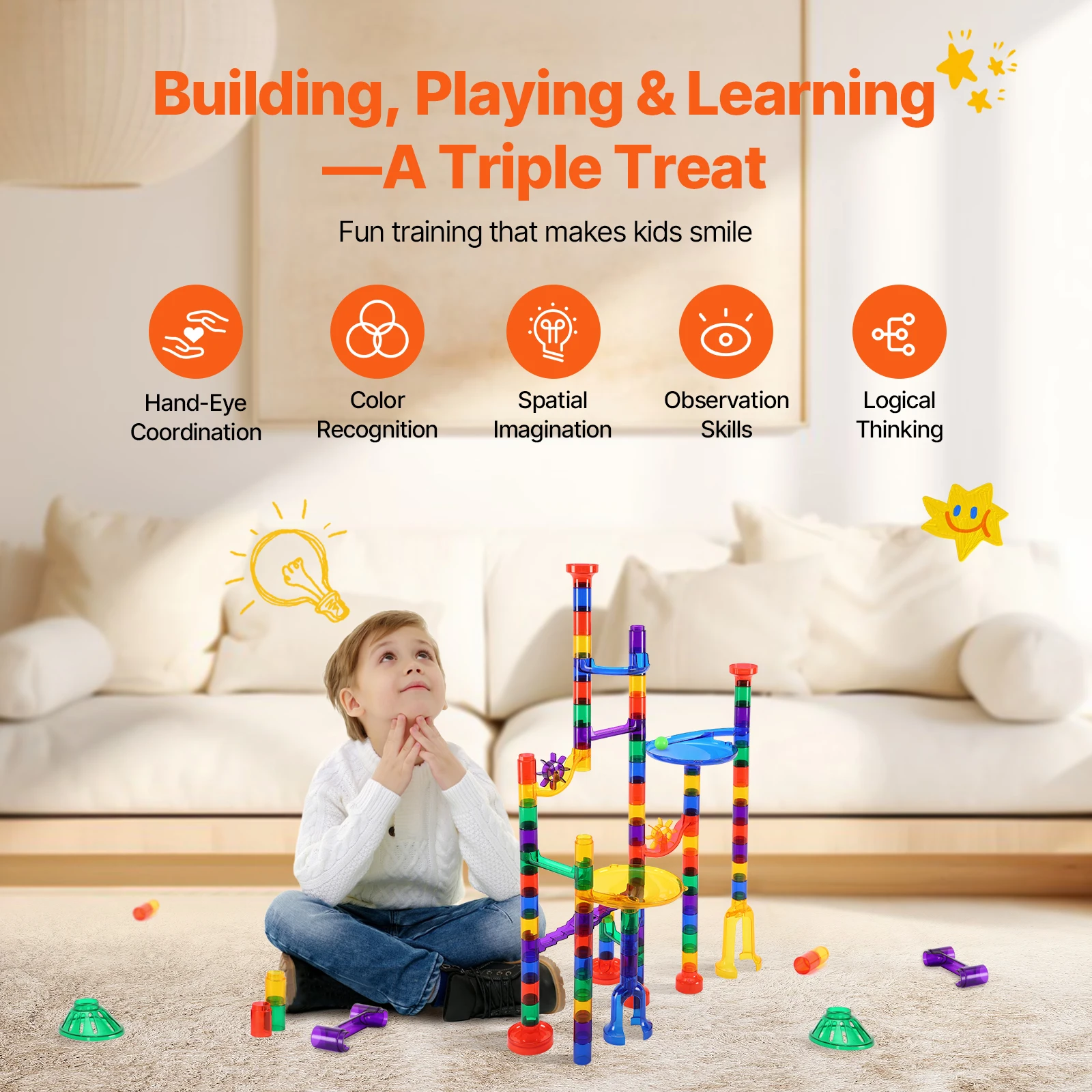 SucceBuy 110 PCs Marble Run Set Marble Maze Building Block Brain Game with 10 Glow in the Dark Marbles + 20 Glass Marbles