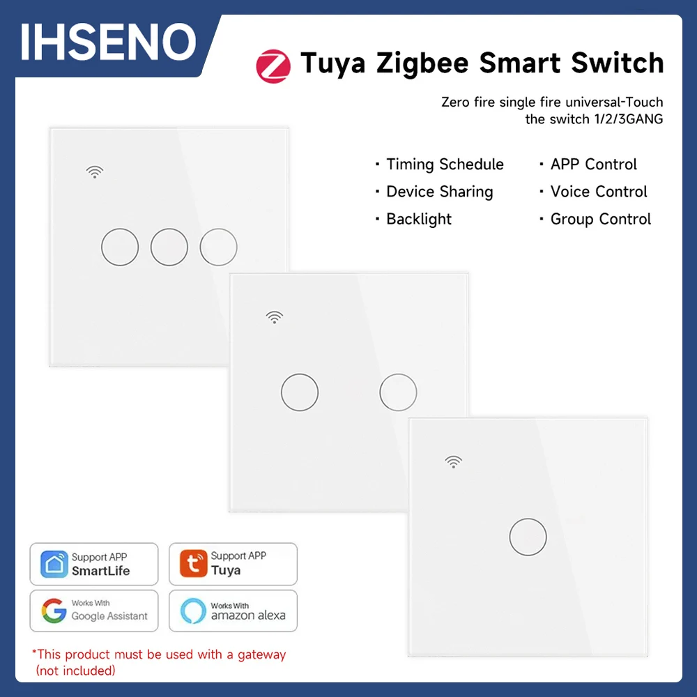 Tuya สวิตช์ไฟอัจฉริยะ ZigBee, สวิตช์ไฟติดผนังที่ต้องการลวดเป็นกลางสวิตช์สัมผัสติดผนังที่ใช้งานได้กับ Alexa Google Home 1/2/3แก๊ง