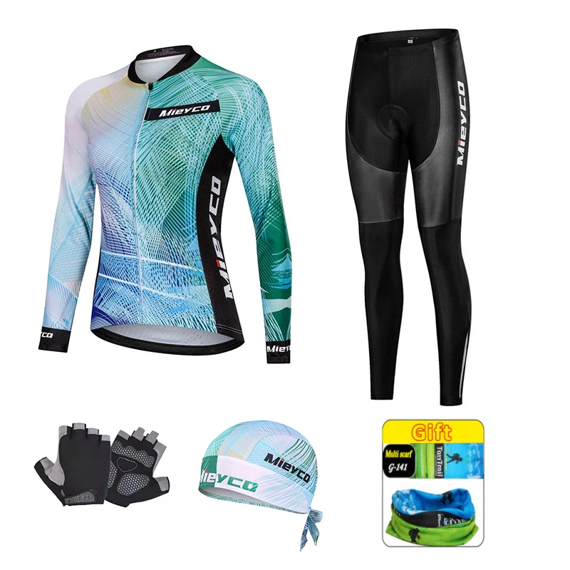 Women Gradient Blue‑Green Printed Long Sleeve Cycling Suit, UPF 40+ Anti‑UV Cycling Jersey and Padded Cushion Bike Pants