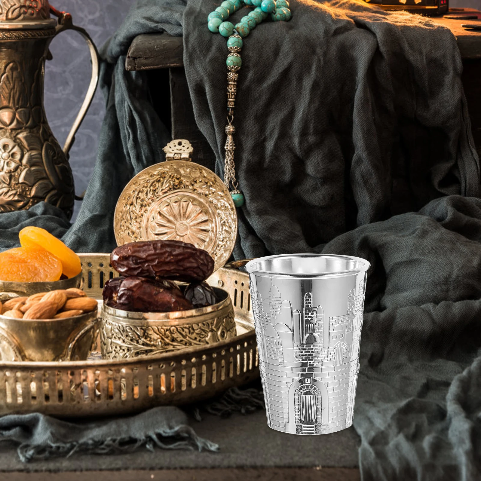 

1 Set Zinc Alloy Wine Set Carved Metal Kiddush Cup For Passover Shabbat Holiday Celebrations Judaica Gift Liquor Cup Decorative